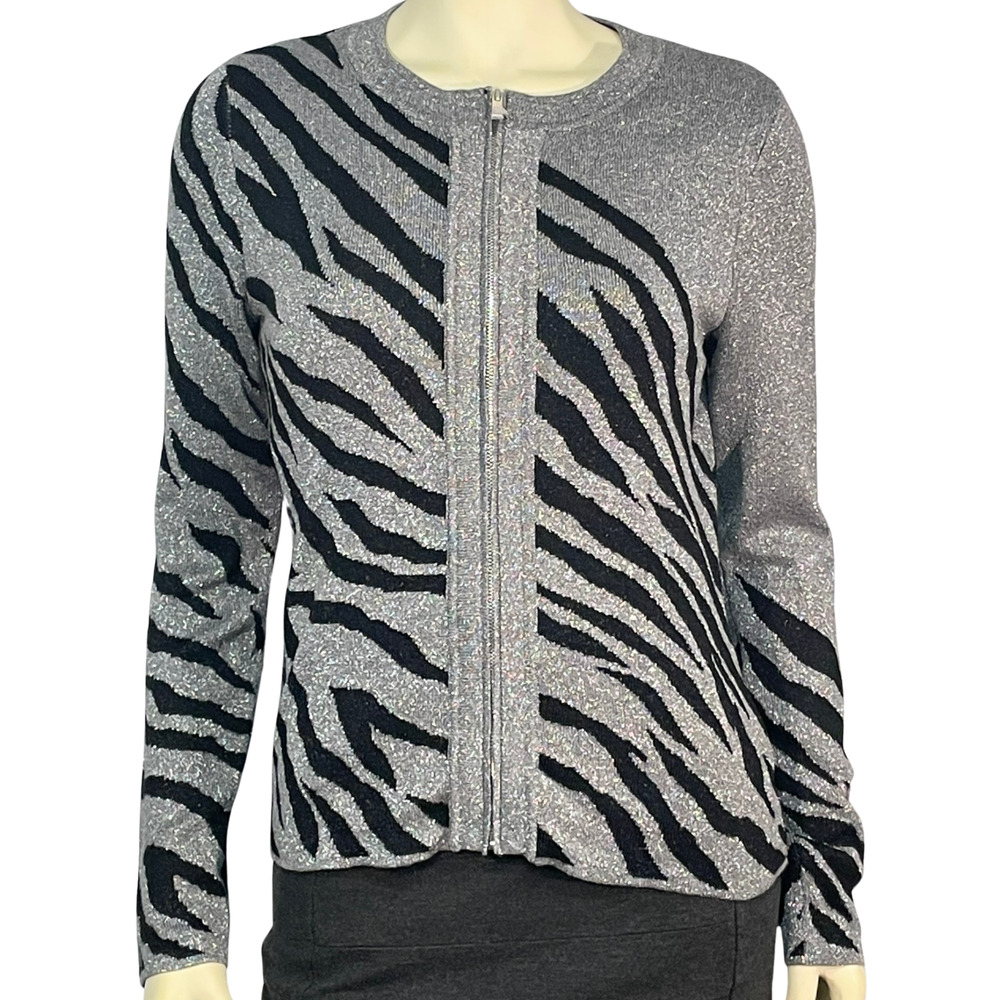 Jones New York Sz S Zip-Up Knit Cardigan Gray & Black Tiger Stripe Glam Sparkly